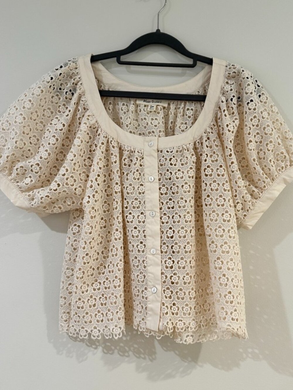 Anthropologie Blue Tassel ivory blouse, size small